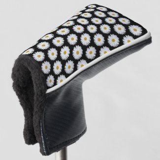 White Daisy on Black Floral Pattern Golf Head Cover