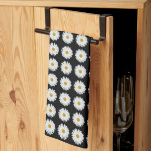 White Daisy on Black Floral Pattern Kitchen Towel