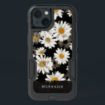 White Daisy on Black Floral Pattern iPhone 13 Case<br><div class="desc">Covered in pretty white daisies with yellow centers on a black background,  this phone case has a black burlap colored border with a name for you to personalize. Makes a great gift. Designed by world renowned artist ©Tim Coffey.</div>