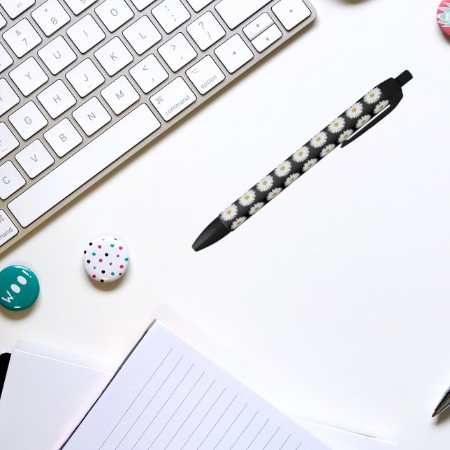 White Daisy on Black Floral Pattern Pen (In Situ)