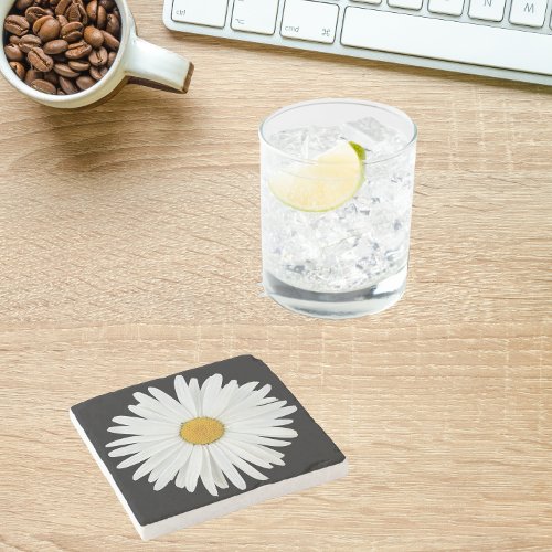 White Daisy on Black Floral Stone Coaster