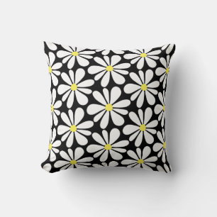 White Daisy on Black Floral Throw Pillow