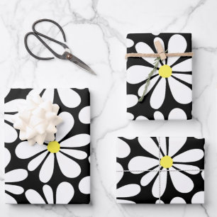 White Daisy on Black Floral Wrapping Paper Sheets