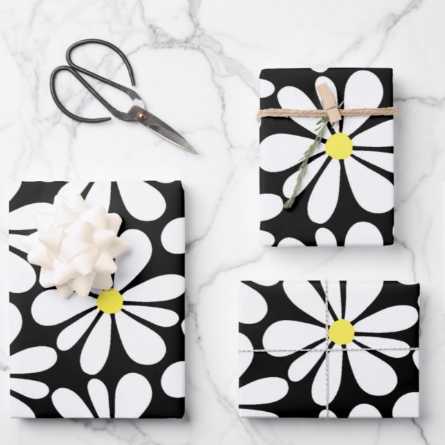 White Daisy on Black Floral Wrapping Paper Sheets (Creator Uploaded)