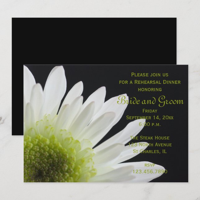 White Daisy on Black Wedding Rehearsal Dinner Invitation (Front/Back)