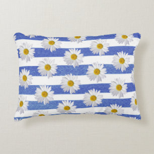 white daisy on blue watercolor stripe accent pillow