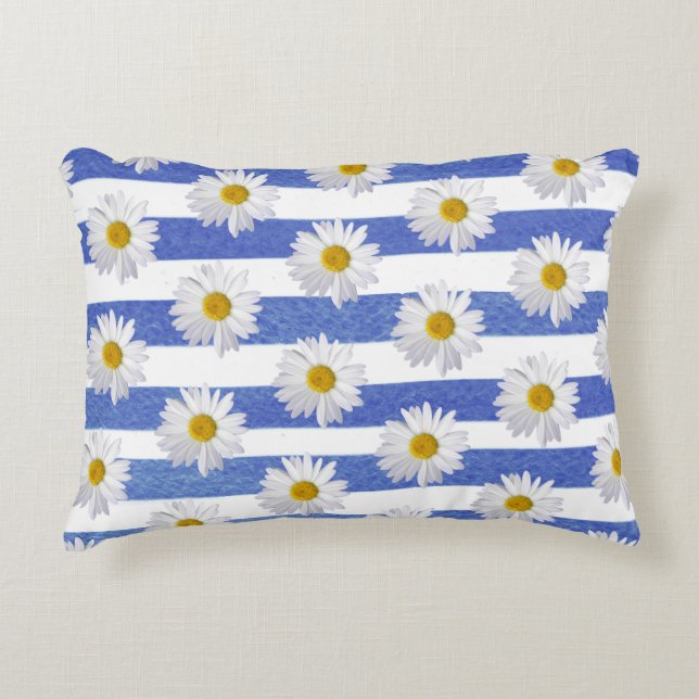 white daisy on blue watercolor stripe accent pillow (Front)