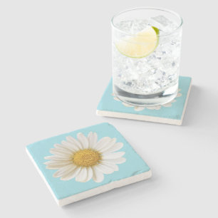 White Daisy on Light Blue Background Floral Stone Coaster