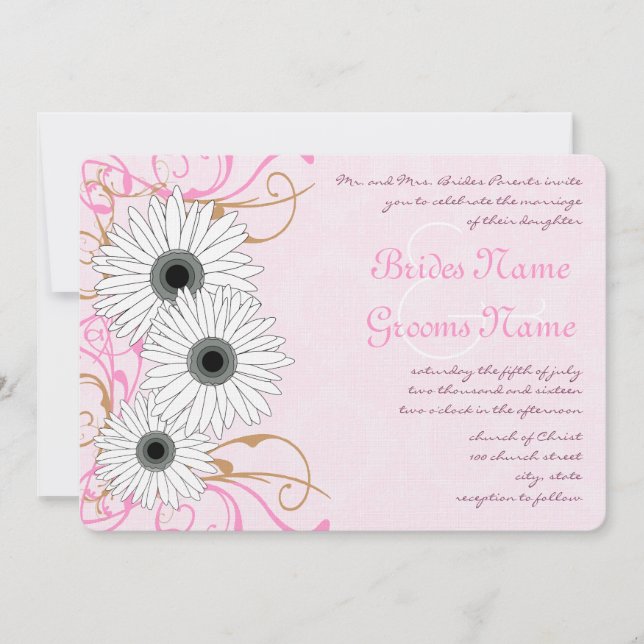 White Daisy On Pink Damask Wedding Invitation (Front)