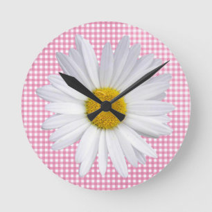 white daisy on pink gingham round clock