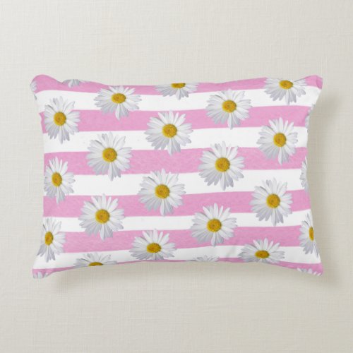 white daisy on pink watercolor stripe accent pillow