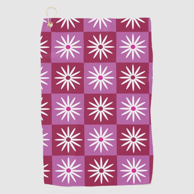 White daisy on Red and Pink Checkerboards   Golf Towel (Front)