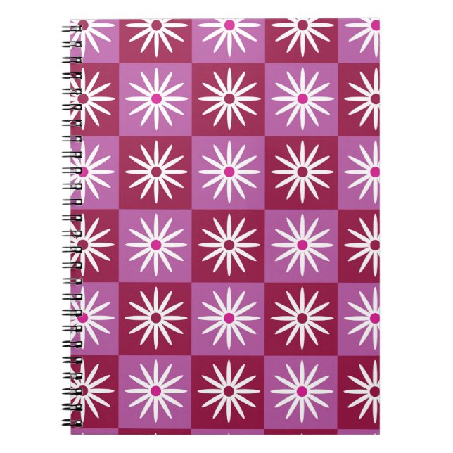 White daisy on Red and Pink Pattern Checkerboard Notebook (Front)
