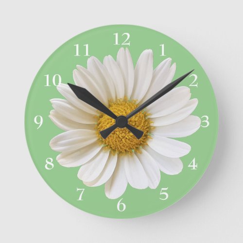 White Daisy on Sage Green Floral Round Clock