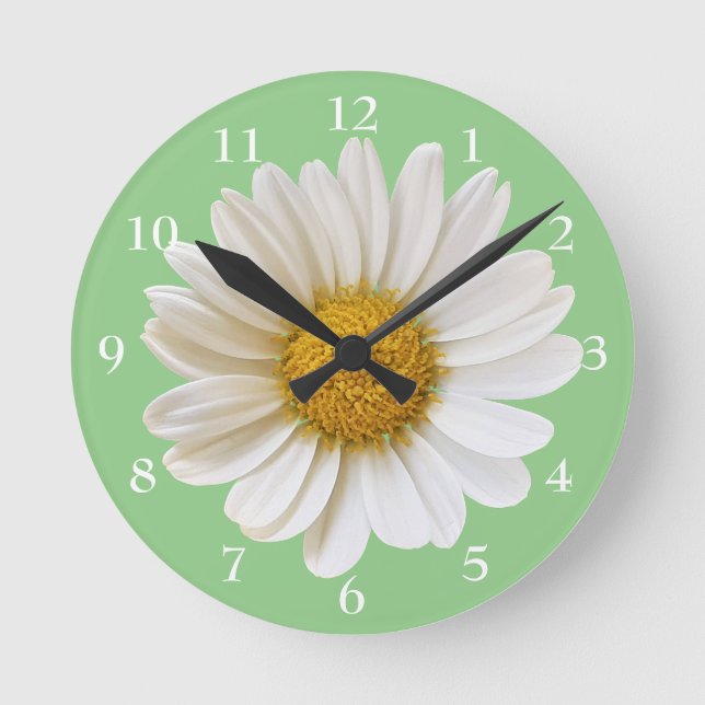 White Daisy on Sage Green Floral Round Clock (Front)