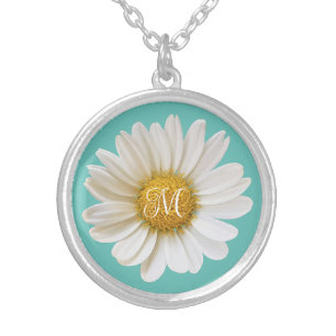 White Daisy on Teal Monogram Silver Plated Necklace
