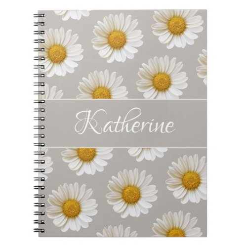 White Daisy Pattern Custom Name Gray Notebook