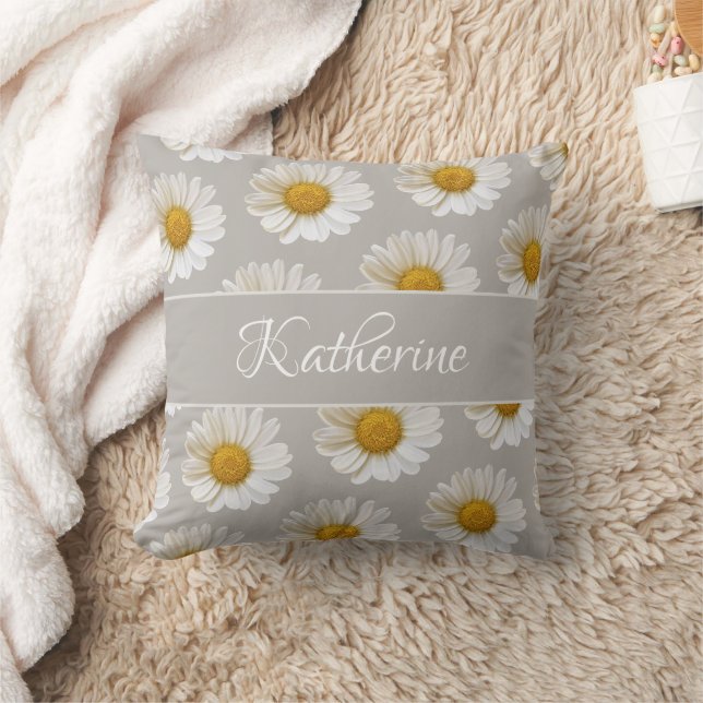 White Daisy Pattern Custom Name Gray Throw Pillow (Blanket)