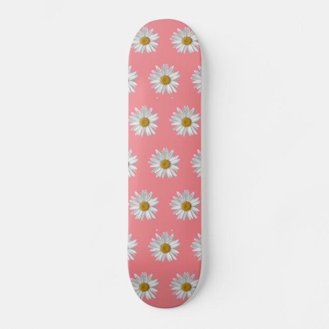 White Daisy Pattern Cute Pink Skateboard (Front)