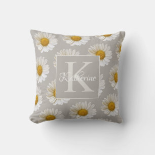 White Daisy Pattern Monogram Gray Floral Throw Pillow