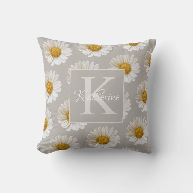 White Daisy Pattern Monogram Gray Floral Throw Pillow (Front)