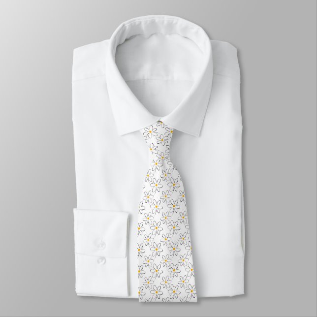 White Daisy Pattern Neck Tie (Tied)