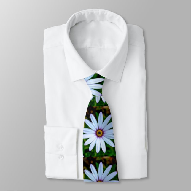 White Daisy Pattern Neck Tie (Tied)