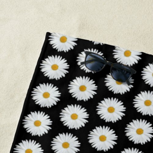 White Daisy Pattern on Black Floral Beach Towel