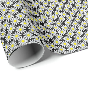 White Daisy Pattern on Black Wrapping Paper