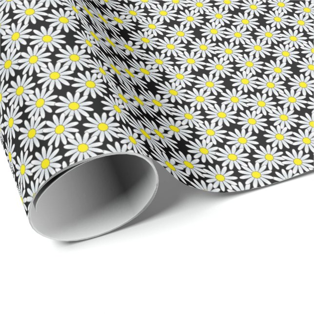 White Daisy Pattern on Black Wrapping Paper (Roll Corner)