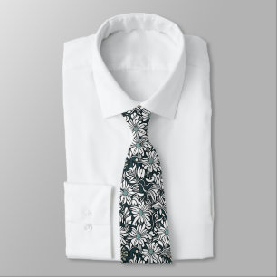 White Daisy Pattern on Dark Green Background Neck Tie