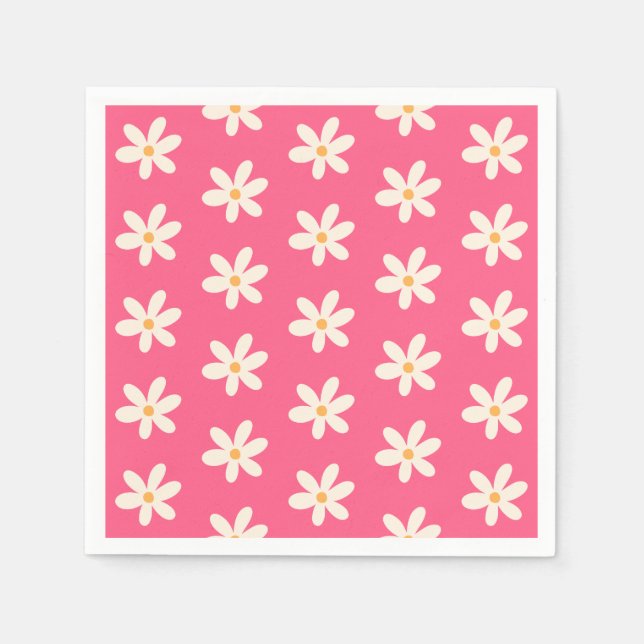 White Daisy Pattern on Hot Pink Retro y2k Preppy  Napkins (Front)