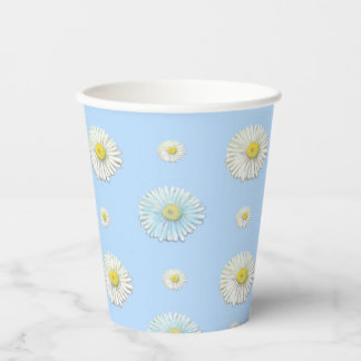 White Daisy Pattern on Light Blue Background Paper Cups