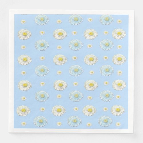 White Daisy Pattern on Light Blue Background  Paper Dinner Napkins