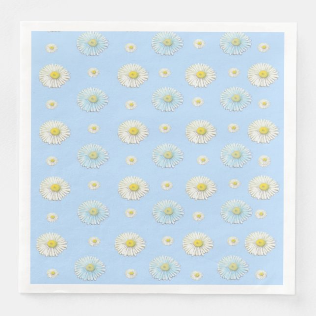 White Daisy Pattern on Light Blue Background  Paper Dinner Napkins (Front)