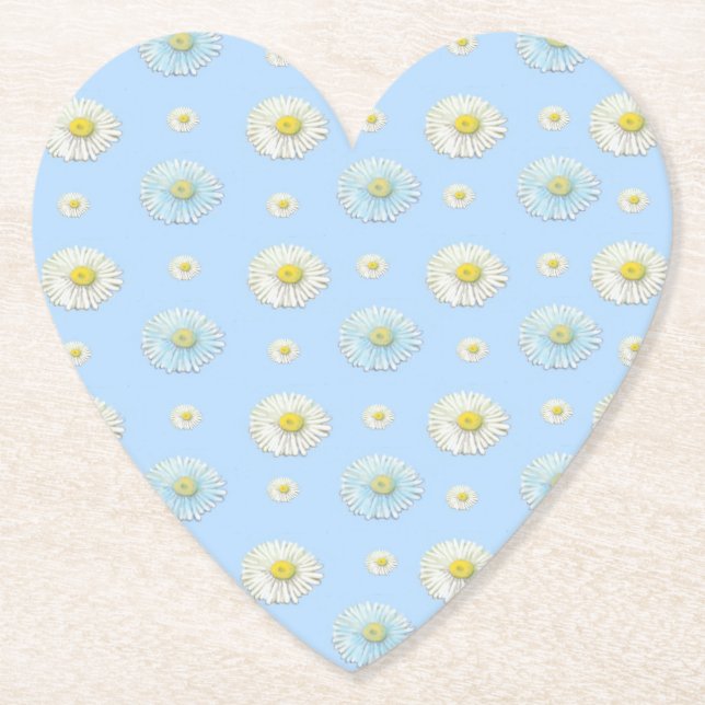 White Daisy Pattern on Light Blue Heart Paper Coaster (Front)