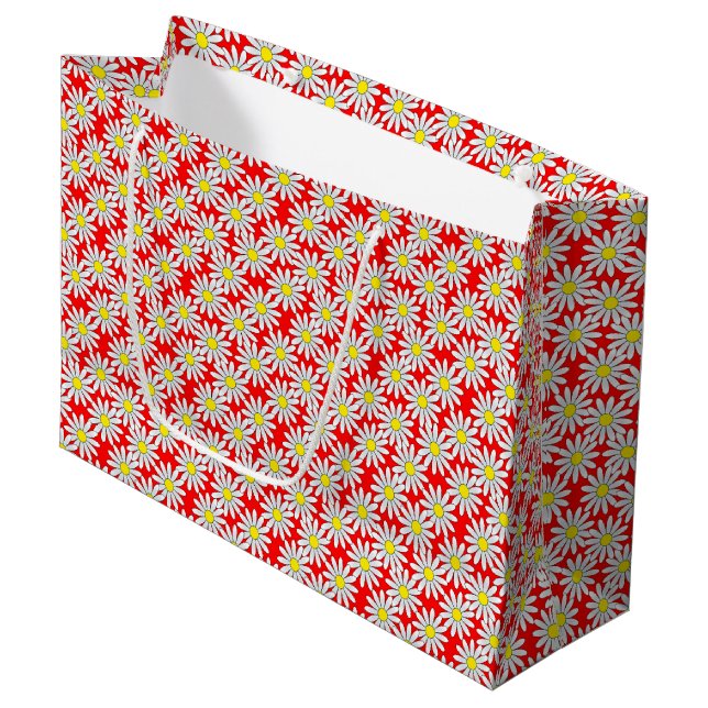 White Daisy Pattern on Red Large Gift Bag (Front Angled)