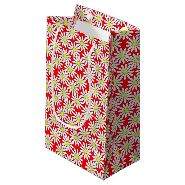 White Daisy Pattern on Red Small Gift Bag (Front Angled)