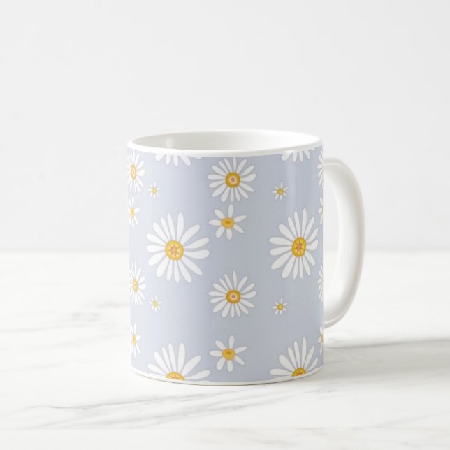 White Daisy Pattern on Soft Gray Coffee Mug (Front Right)