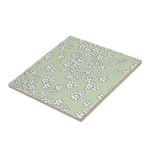 White Daisy Pattern on soft green Ceramic Tile