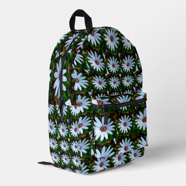 White Daisy Pattern Printed Backpack (Back Corner Left)