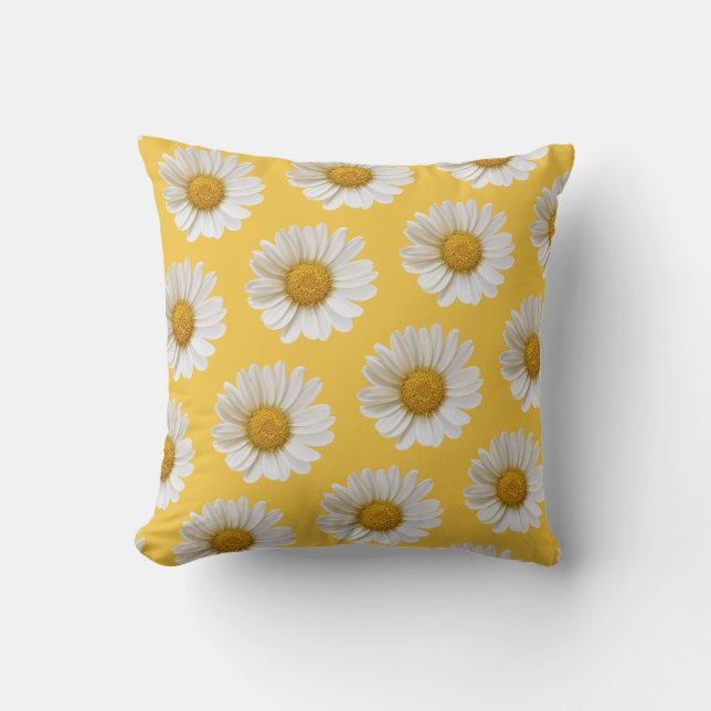 White Daisy Pattern Yellow Floral Throw Pillow (Front)