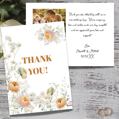 White Daisy Peach Floral Wedding Thank You Card
