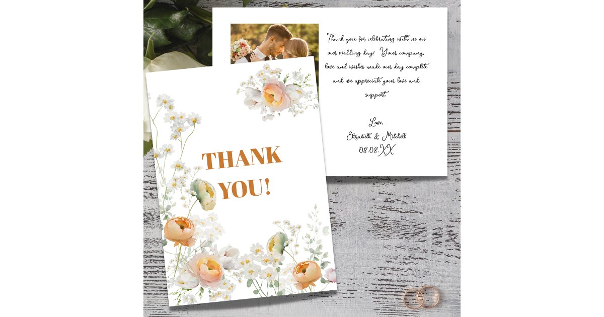 White Daisy Peach Floral Wedding Thank You Card | Zazzle