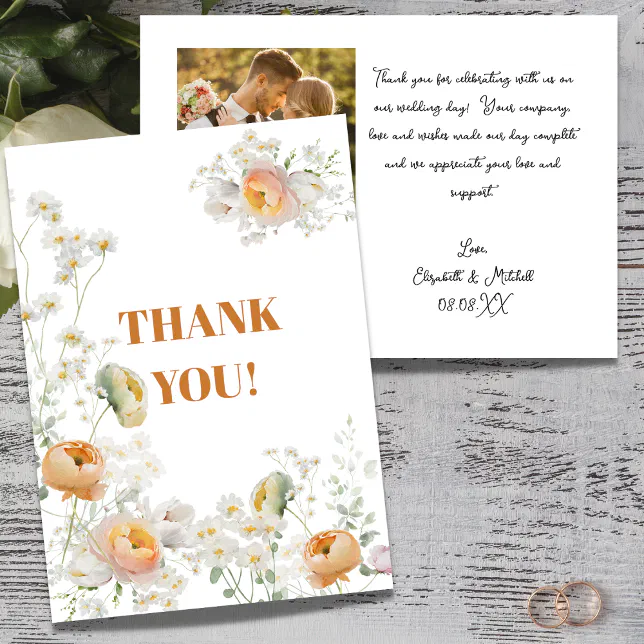 White Daisy Peach Floral Wedding Thank You Card | Zazzle