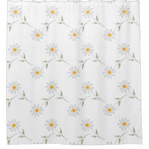 White Daisy Pen and Watercolor Pattern Shower Curtain