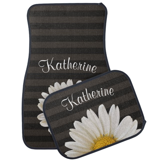 White Daisy Personalized Dark Striped Car Floor Mat (Set)