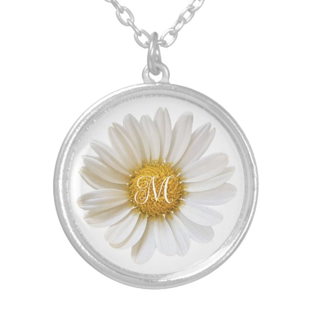 White Daisy Personalized Floral Silver Plated Necklace (Front)