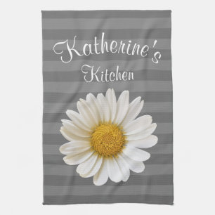 White Daisy Personalized Gray Striped Kitchen Towel