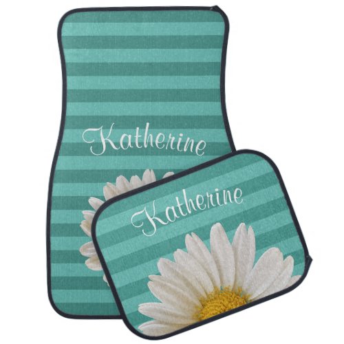 White Daisy Personalized Teal Striped Car Floor Mat